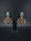 Antique Gold, Enamel, Stones Chandbali Dangle Earrings, Amrapali inspired Designer jewelry