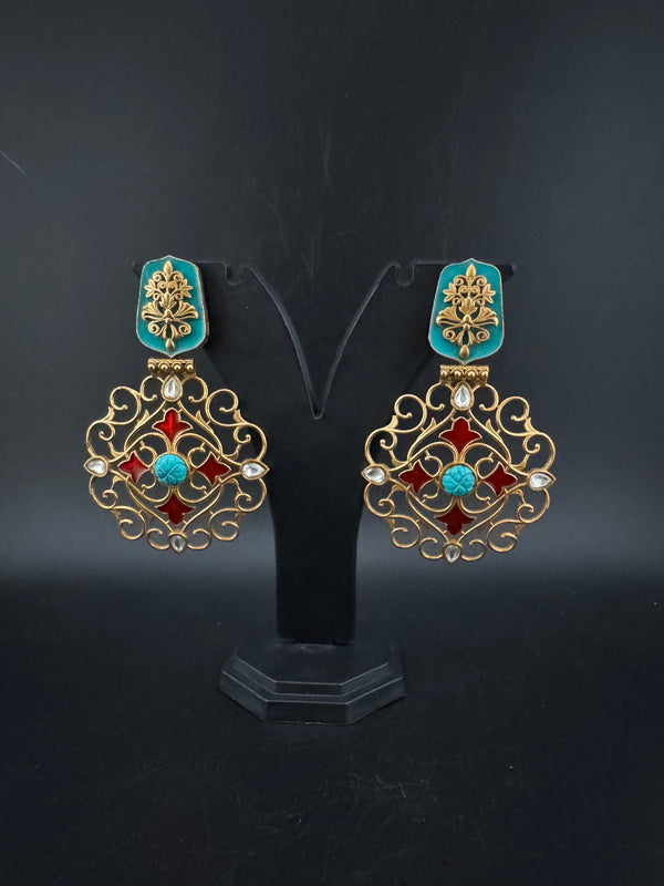Antique Gold, Enamel, Stones Chandbali Dangle Earrings, Amrapali inspired Designer jewelry