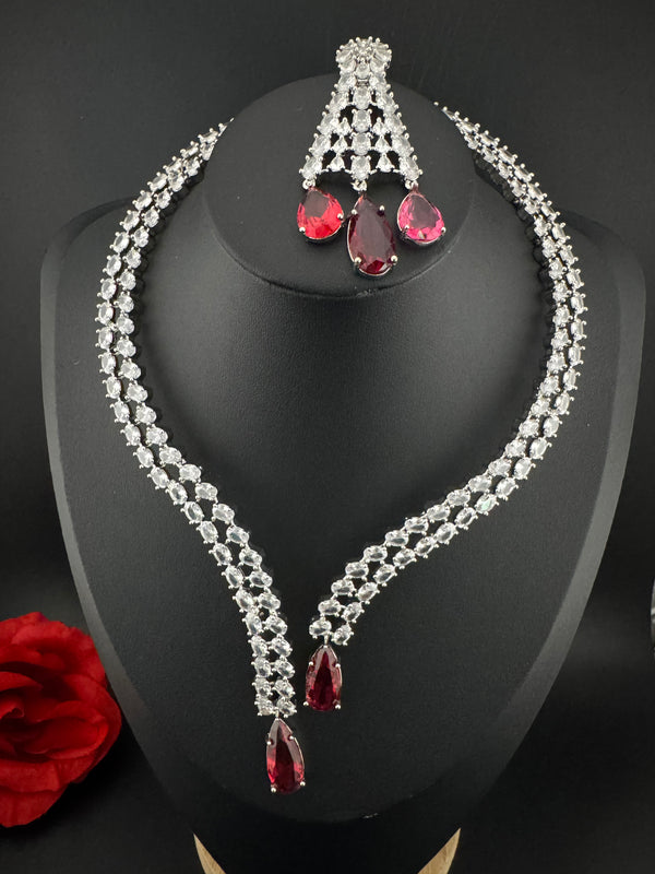 Crystals and CZ Diamond Statement front openable Hasli Necklace Set, Silver Plated Collar set