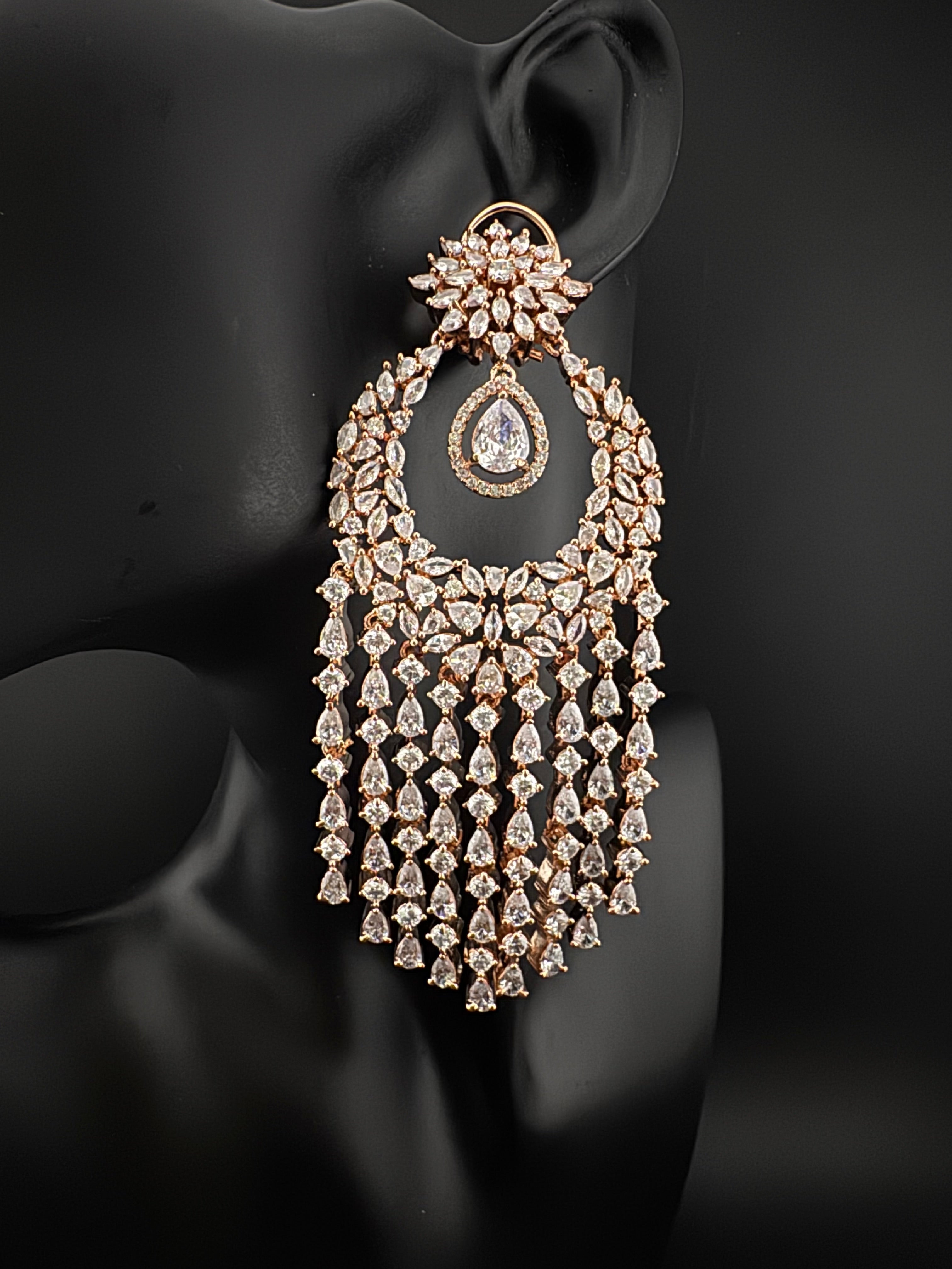 Premium Cubic Zirconia Chandelier Oversized earrings is designer Inspired, Statement Long earring, Bridal, Party, Wedding jewelry,