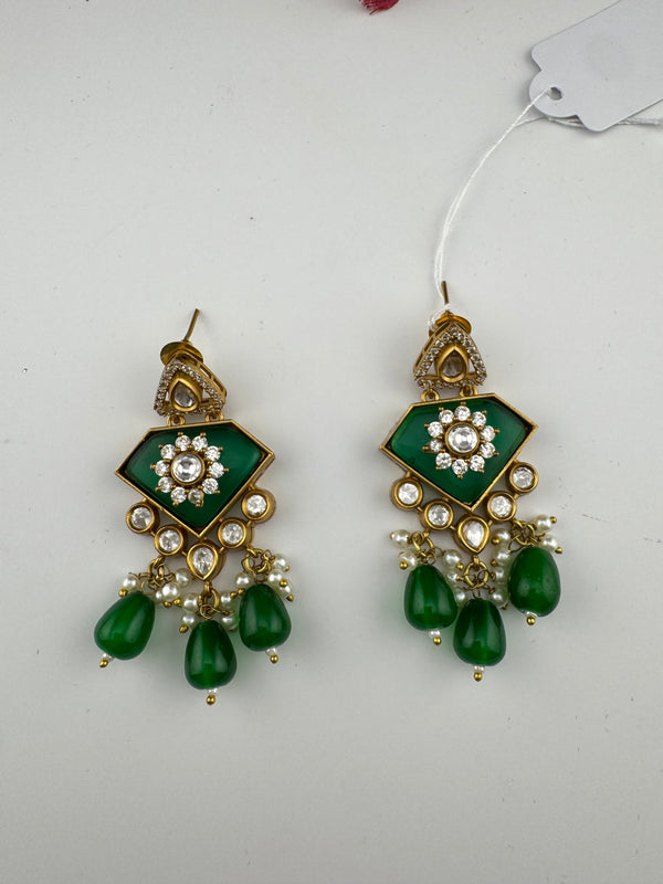 Gold Kundan, CZ, Stone, Pearls Chandelier Drop Earrings, Bridal Designer jewelry