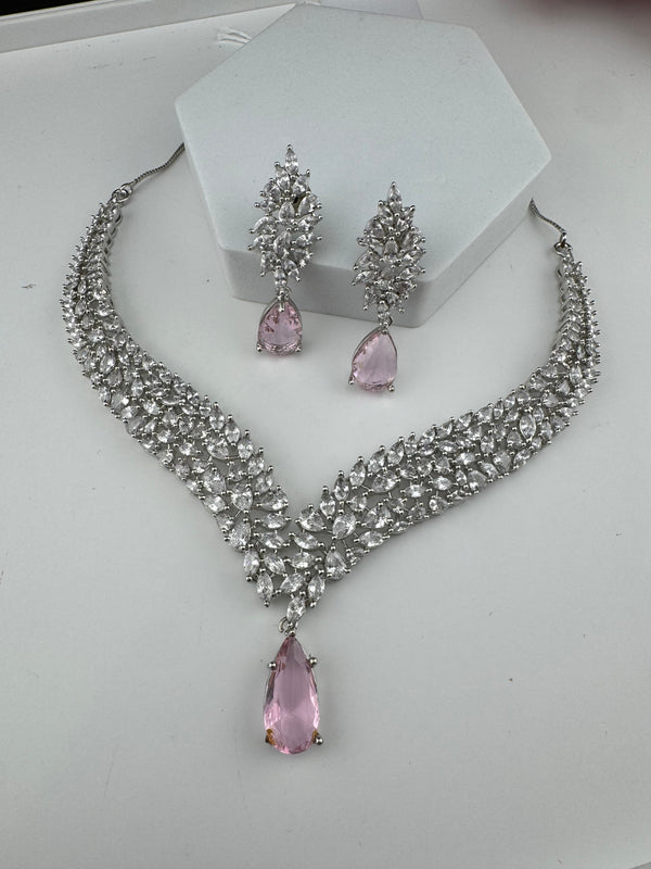 CZ Diamond Statement Necklace Set, White Gold Plated Choker