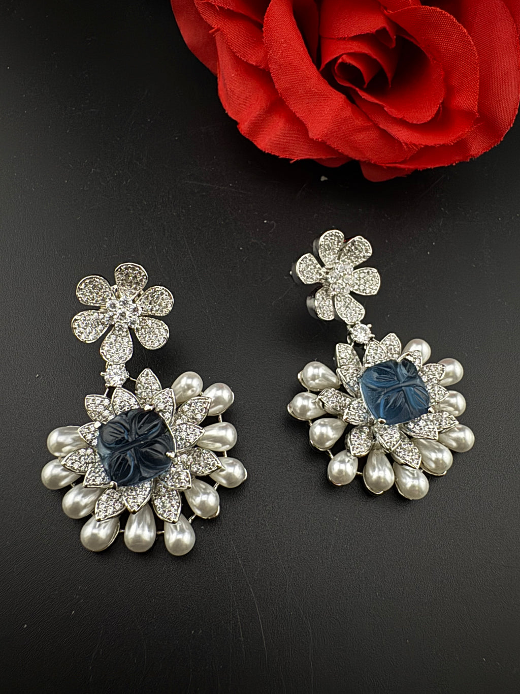 Premium Nano Setting Cubic Zirconia Carved Stone Pearls Drop earrings in unique 3D shape, stylish, Statement earring/Bridal Bridesmaid gift