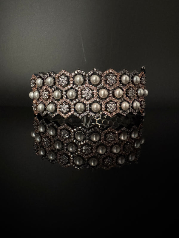 Openable Designer bracelet with Pearls, crystal stones, CZ Nano setting, Fits size upto 2.6"