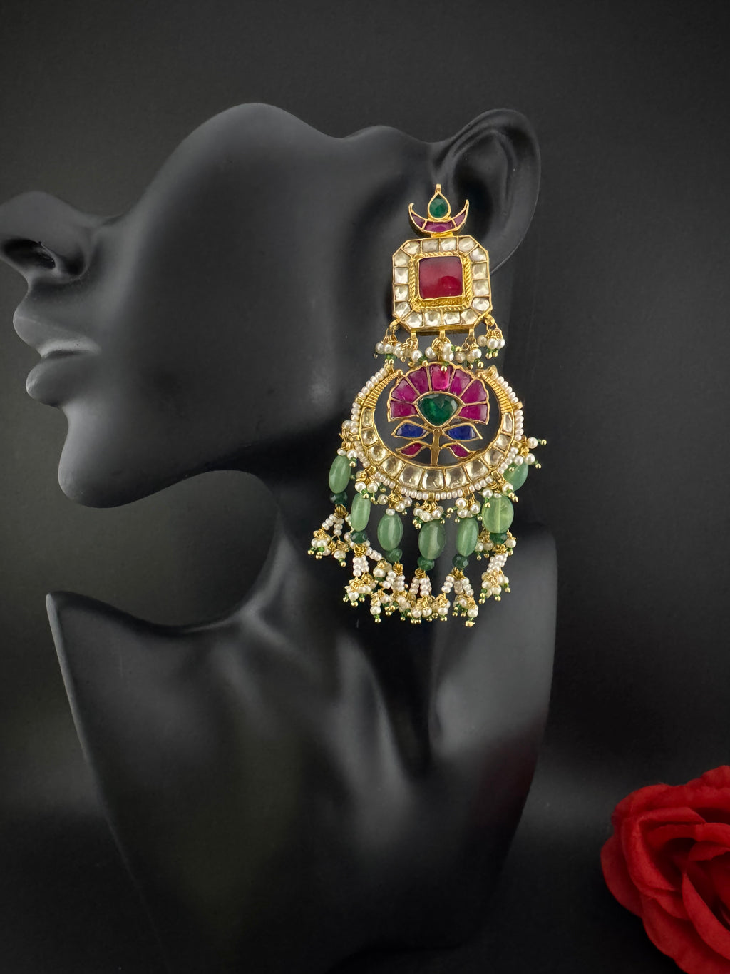 Multicolor pacchi Kundan stones Pearls Oversized Chandelier Long Earrings, Bridal, Designer jewelry