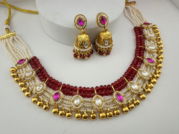 Rajwadi kundan Pearls Gold necklace set with jhumka, Indian Bridal Jewelry set