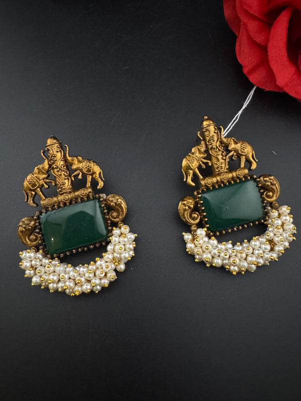 Amrapali inspired Matt Gold, Stone, pearls, Chandbali Earrings, designer jewelry