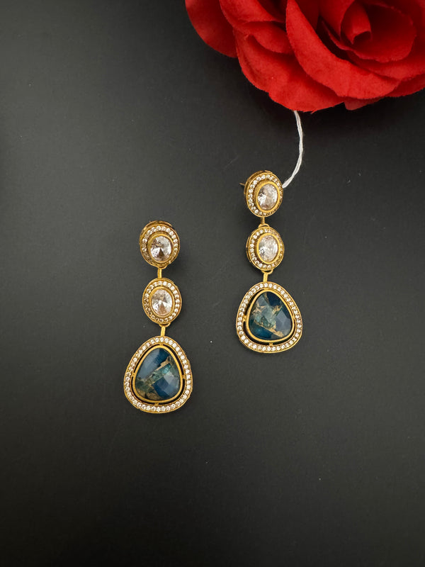 Kundan, CZ, Gold, Marble Stone Long Earrings, Bridal, Moissanite, CZ, Designer jewelry