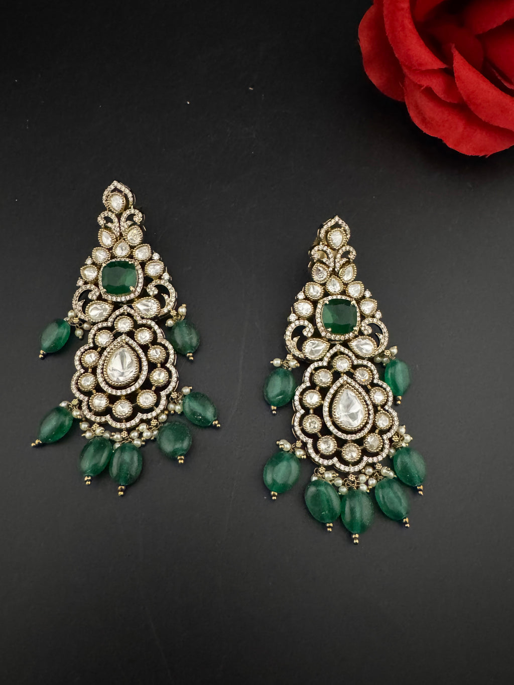 Green and Gold Kundan, Pearls Chandelier Long Earrings, Bridal, Moissanite, CZ, Designer jewelry