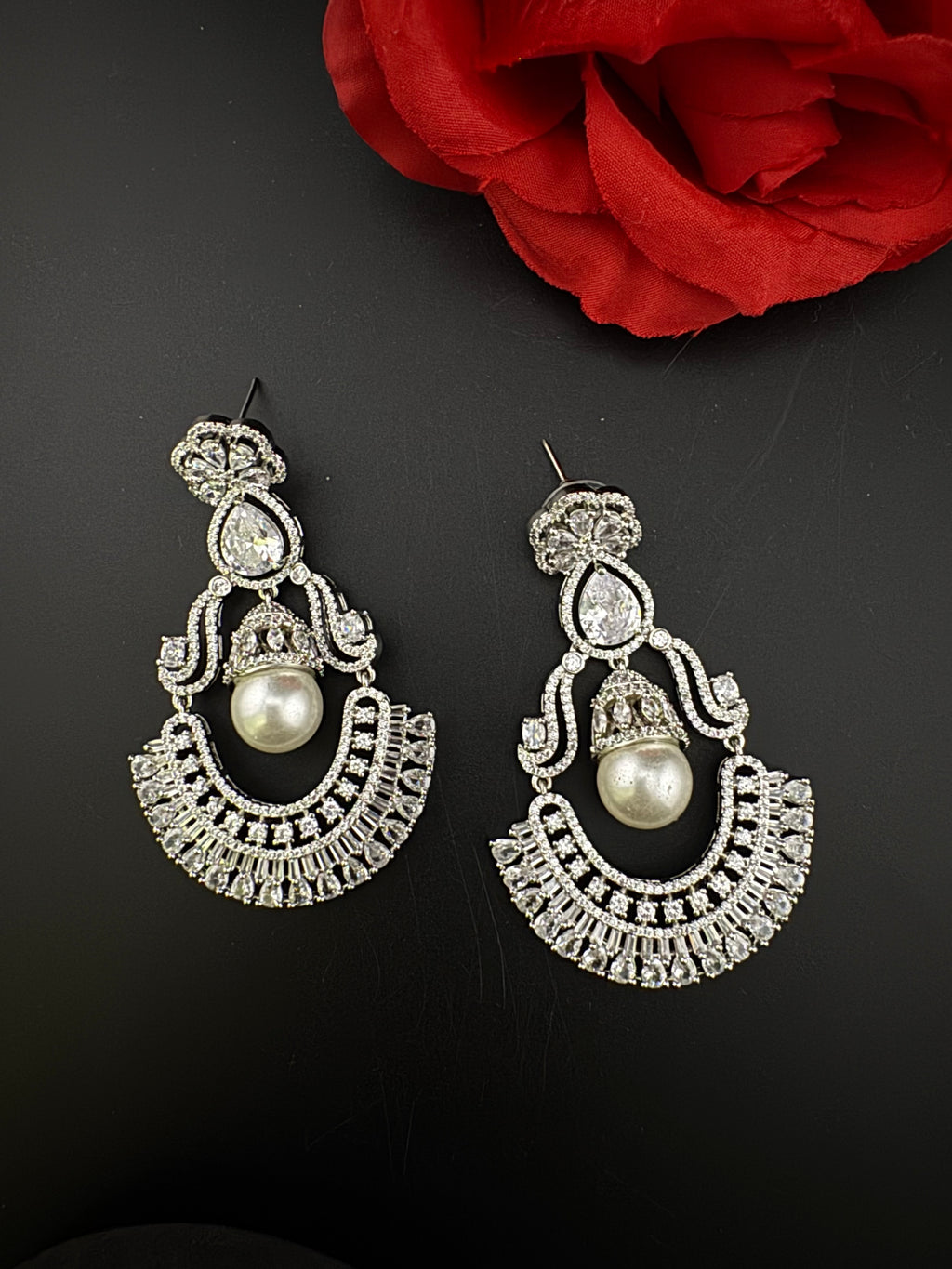 Premium Cubic Zirconia Pearl Chandelier Oversized earrings is designer Inspired, Statement Long earring, Bridal, Party, Wedding jewelry,