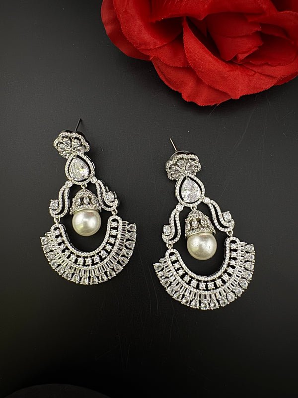 Premium Cubic Zirconia Pearl Chandelier Oversized earrings is designer Inspired, Statement Long earring, Bridal, Party, Wedding jewelry,