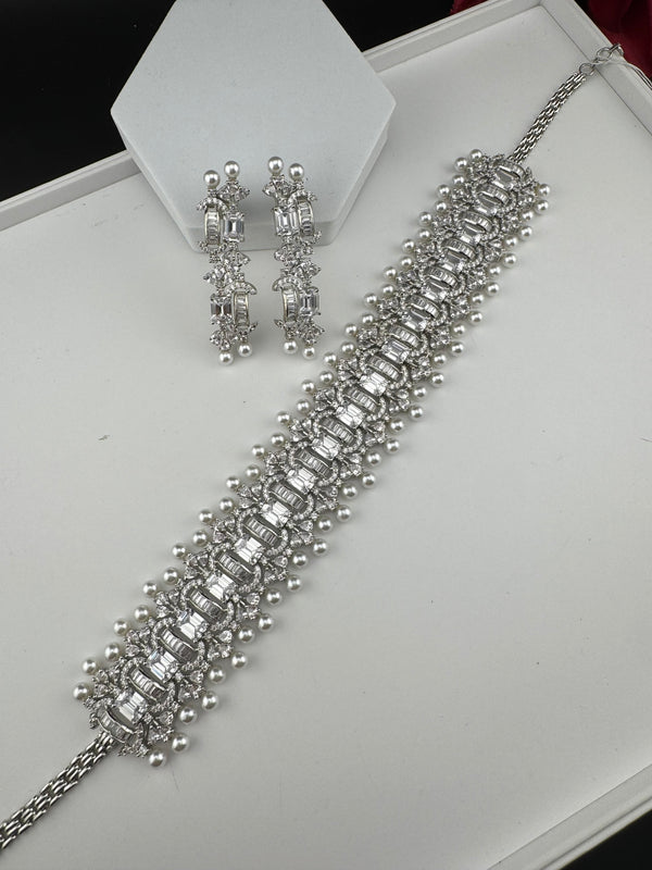 Step cut Crystals and CZ Diamond Statement Necklace Set, White Gold Plated Choker set