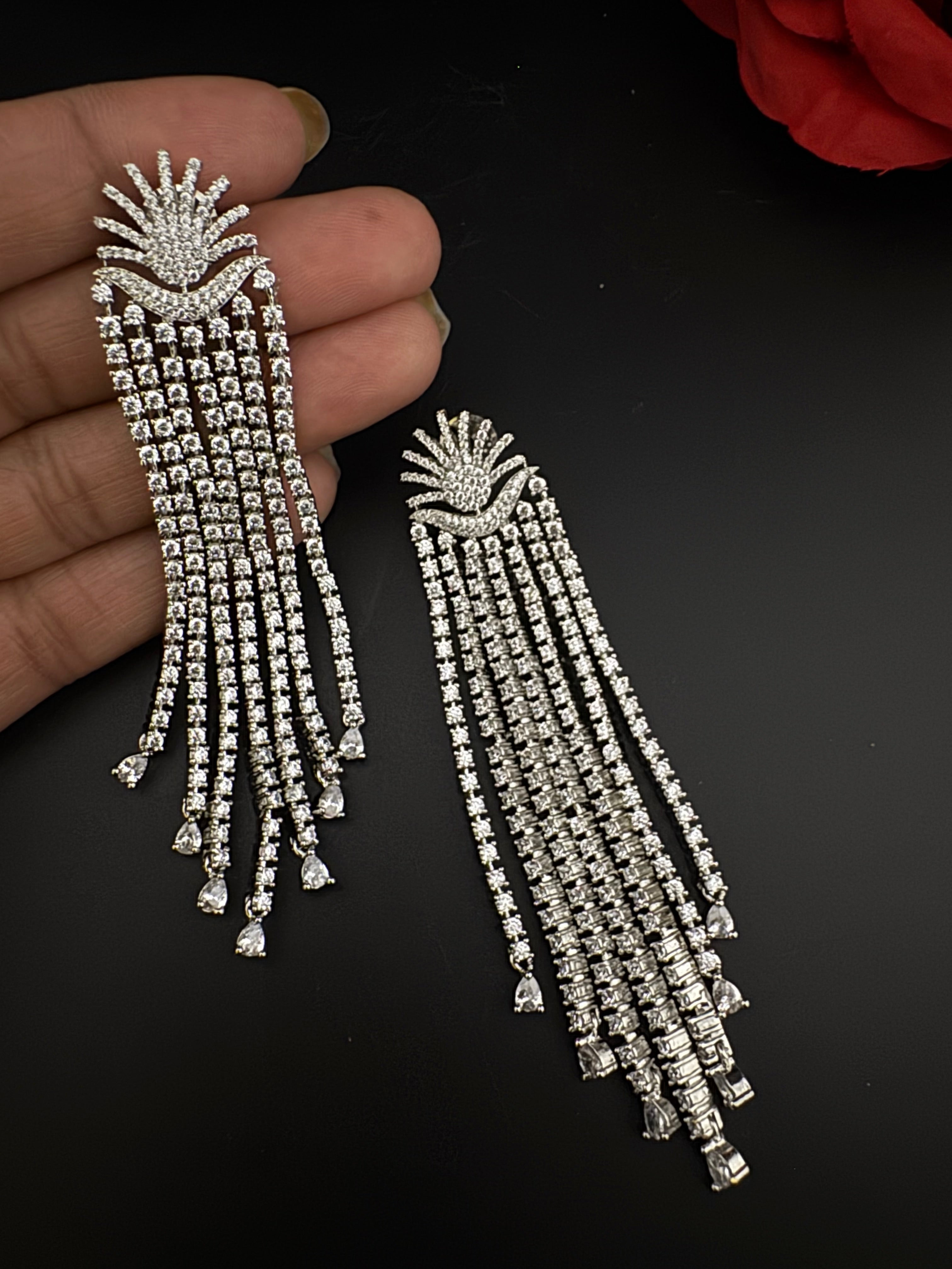 Premium Cubic Zirconia Chandelier extra long earrings, sun style long CZ tassel, Statement Long earring, Bridal, Party, Wedding jewelry