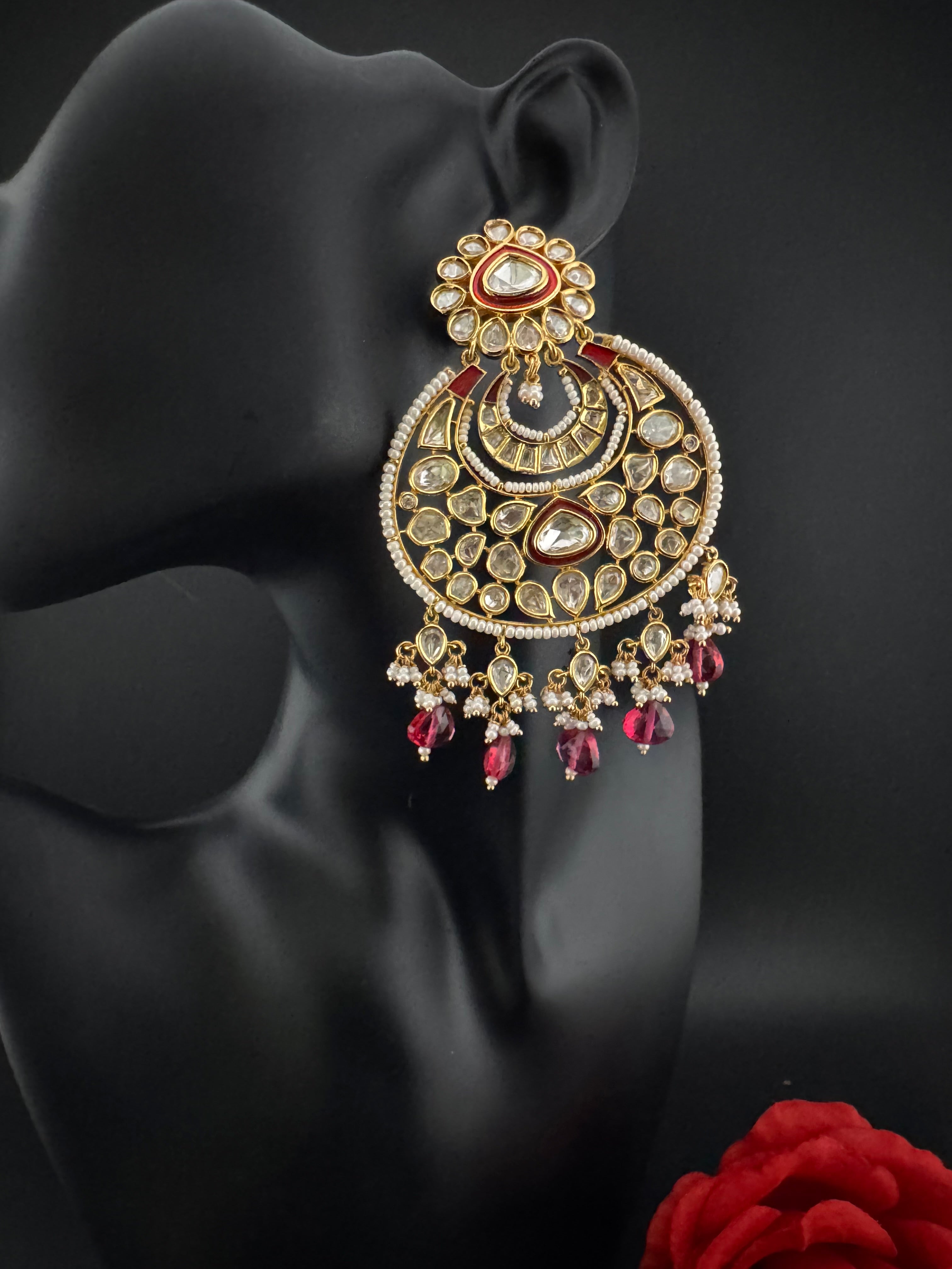 Red and Gold Kundan Chandelier Earrinngs, High shine Bridal Moissanite CZ, Shiney Gold Designer