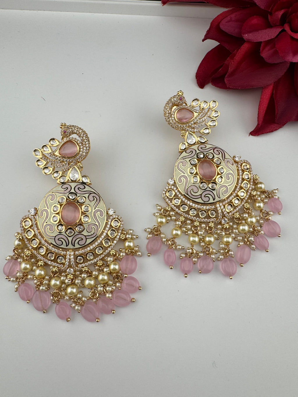 Enamel and Gold Kundan Chandelier Long Earrings, High shine Bridal Moissanite CZ, Designer Earrings