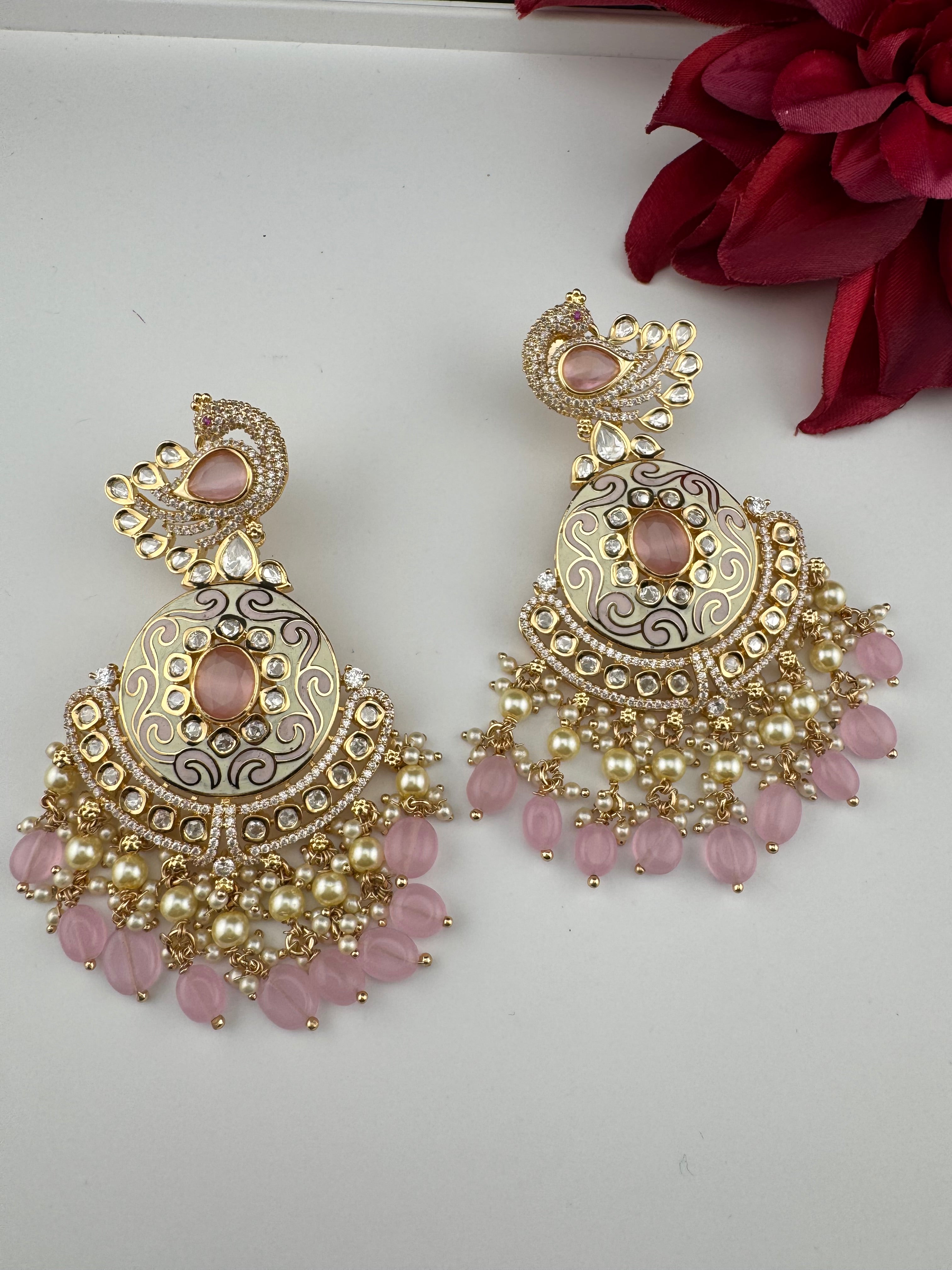 Enamel and Gold Kundan Chandelier Long Earrings, High shine Bridal Moissanite CZ, Designer Earrings