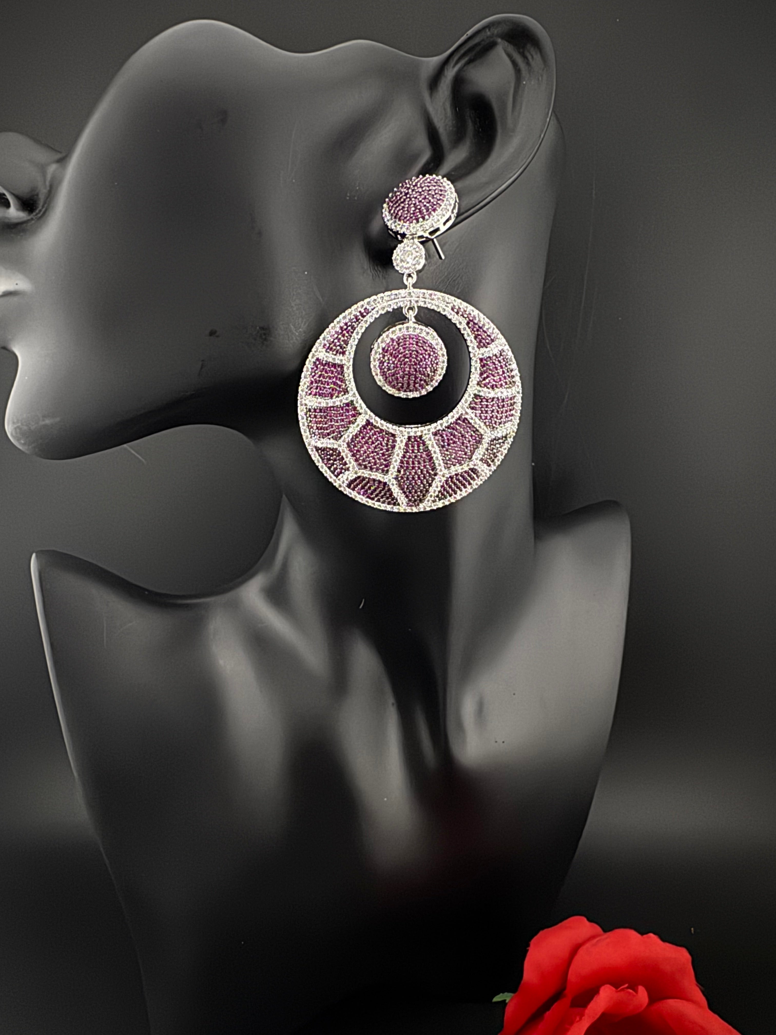 Premium Nano Setting of Cubic Zirconia in silver is designer Inspired Statement Oversized Circular Dangle earring/Bridal/bridesmaid gift