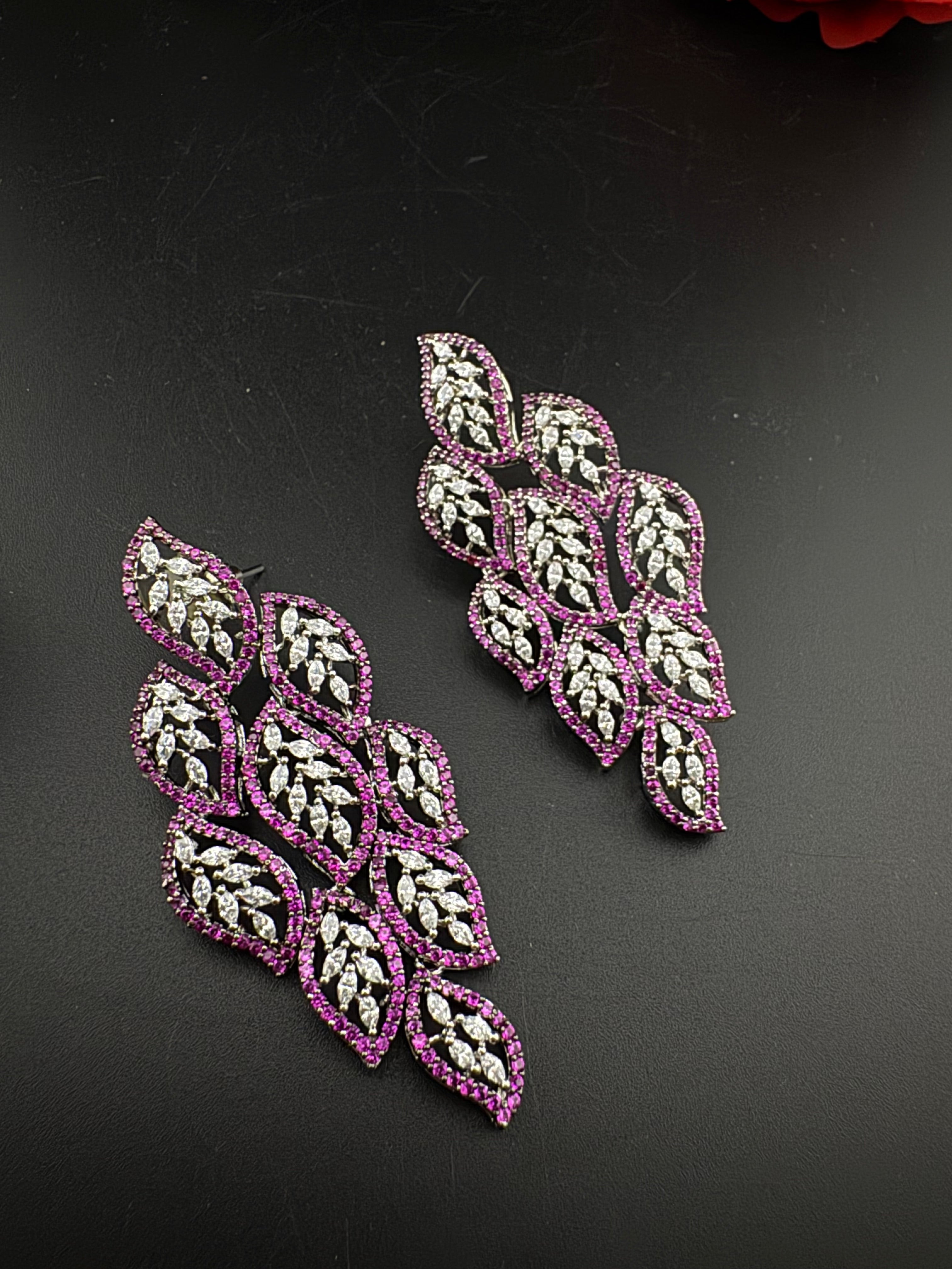 Premium Nano Setting Cubic Zirconia Long Chandelier earrings in leaf shape, stylish, designer Statement long earring/Bridal Bridesmaid