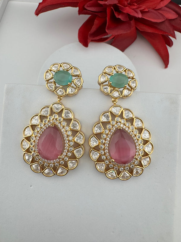 Pink and Green Kundan, CZ, Chandbali Earrings, High shine, Bridal, Moissanite, Tyaani inspired Designer jewelry