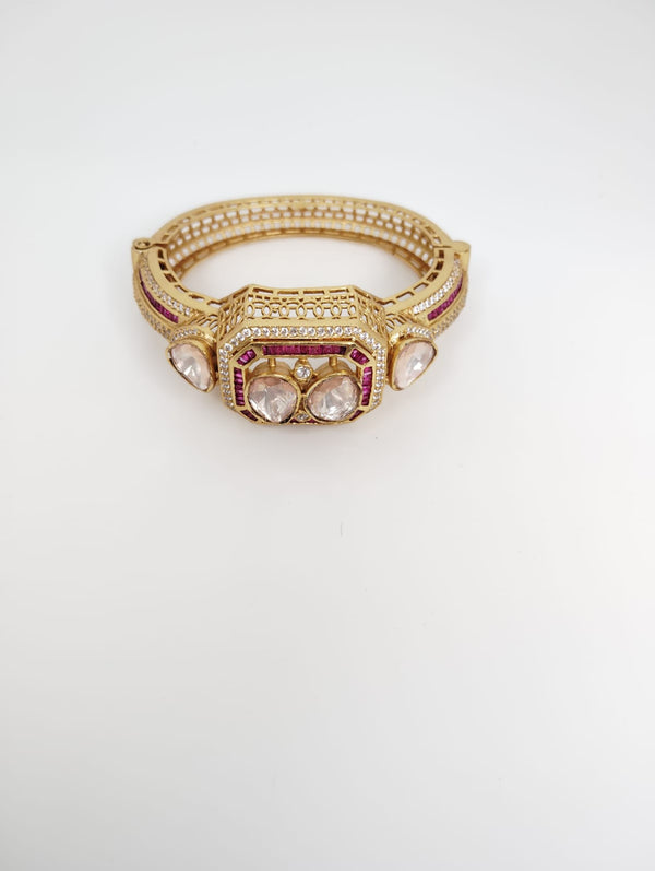 Moissanite Kundan, CZ Openable Bracelet Bangle, Gold Polish (Fits 2.6" wrists)