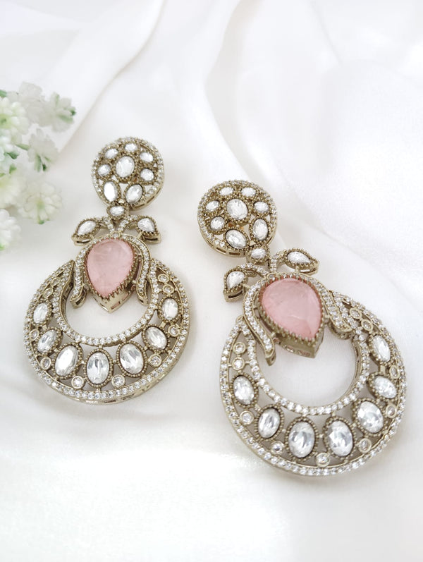 Gold with Doublet stone, kundan, cubic zirconia chandbali Drop Long earrings, Indian Jewelry