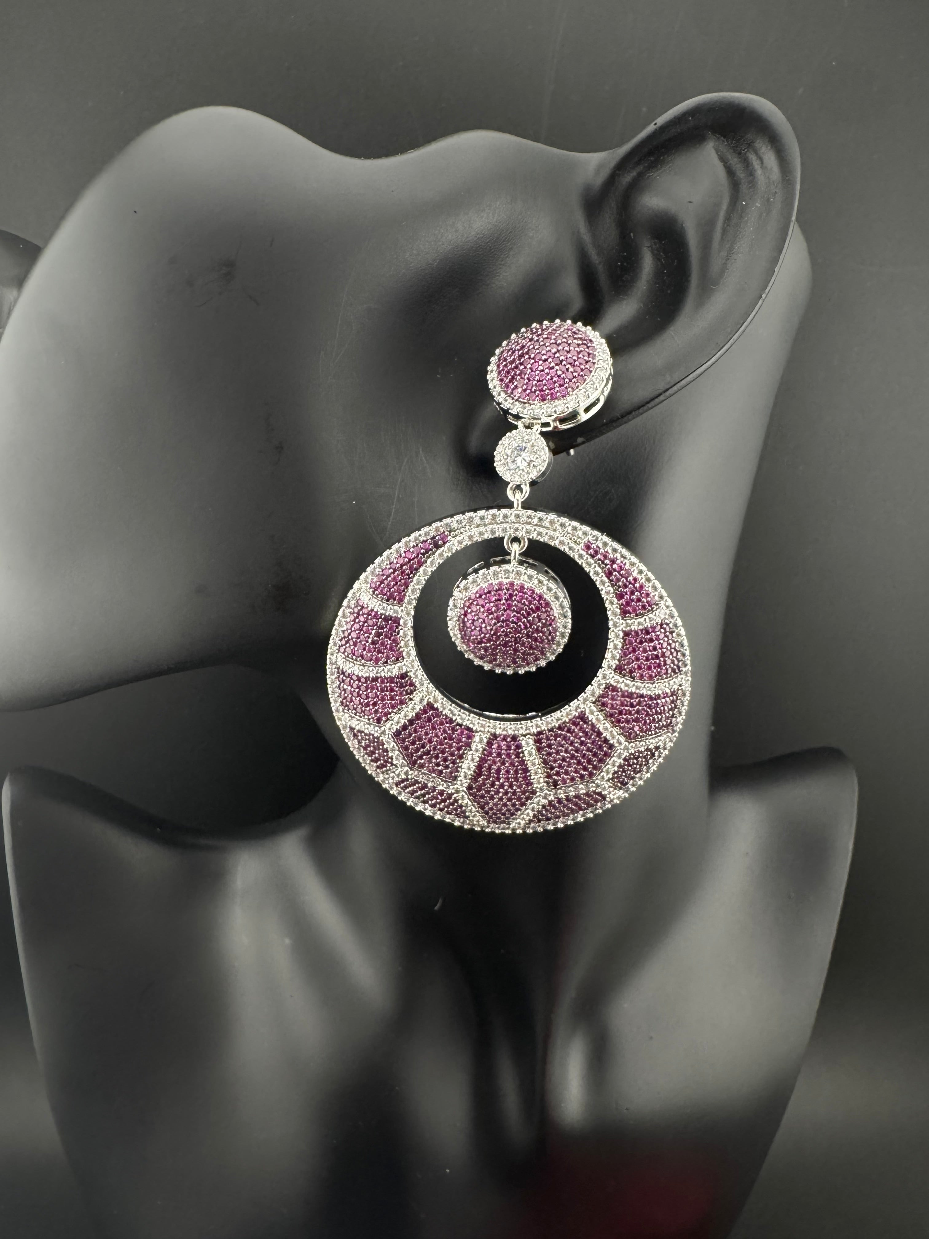 Premium Nano Setting of Cubic Zirconia in silver is designer Inspired Statement Oversized Circular Dangle earring/Bridal/bridesmaid gift