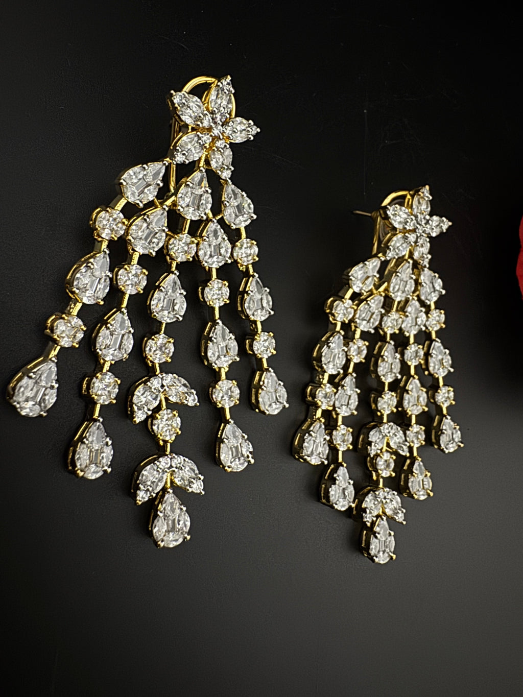 Premium Cubic Zirconia Chandelier earrings is designer Inspired, Statement Long earring, Bridal, Party, Wedding jewelry, Indian Chic Shiny