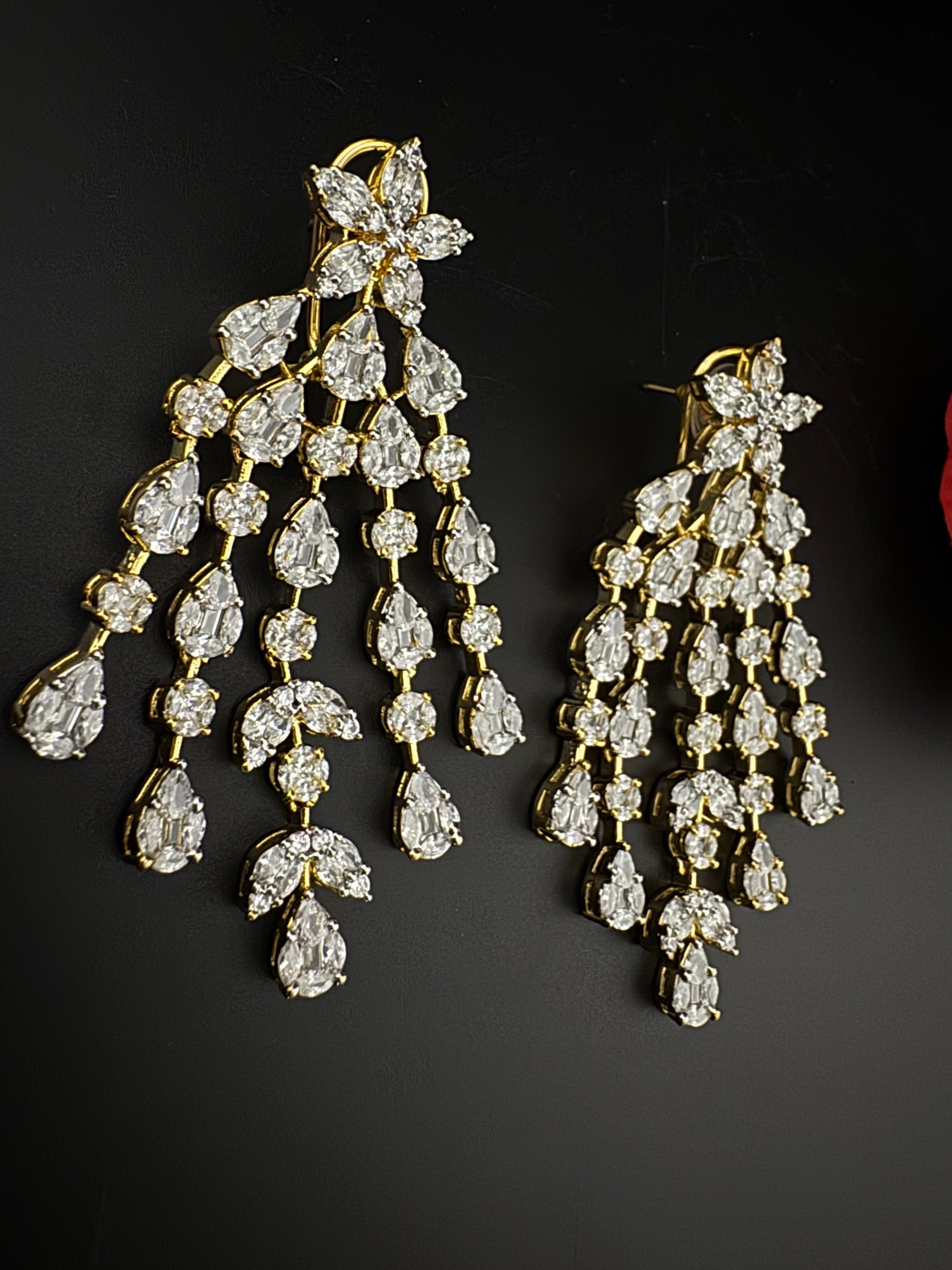 Premium Cubic Zirconia Chandelier earrings is designer Inspired, Statement Long earring, Bridal, Party, Wedding jewelry, Indian Chic Shiny