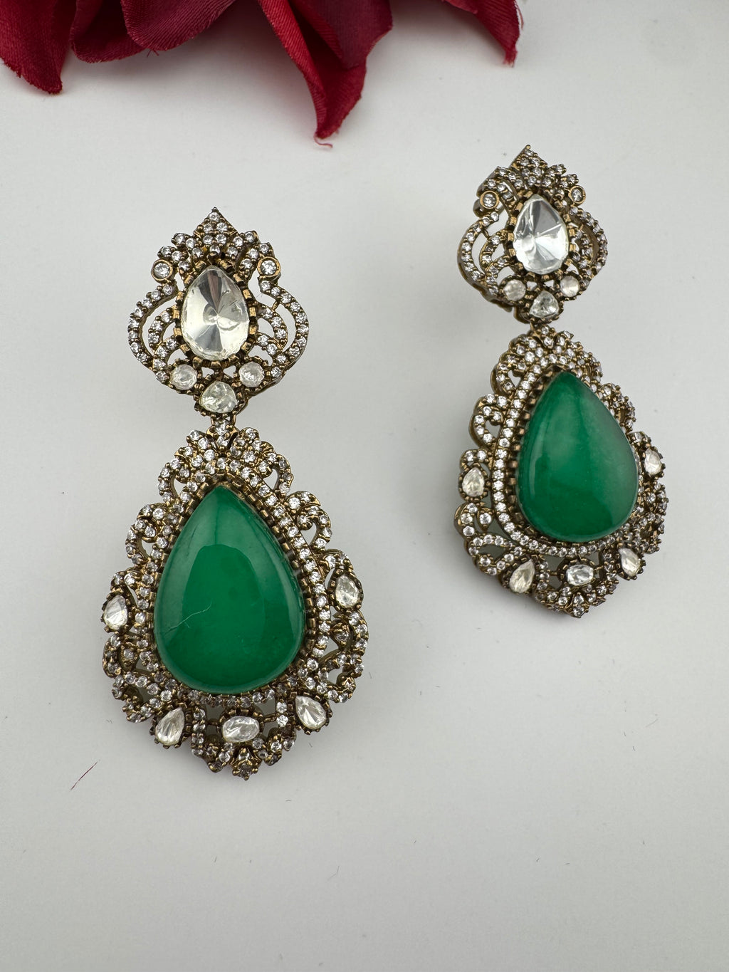 Green and Gold Kundan, Doublet Stone Chandelier Long Earrings, Bridal, Moissanite, CZ, Designer jewelry