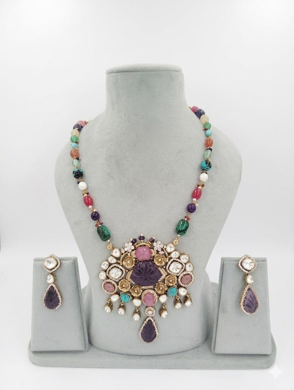 Multicolor Navratan, Kundan, Gold long necklace set, Rani Haar, Indian Bridal Jewelry