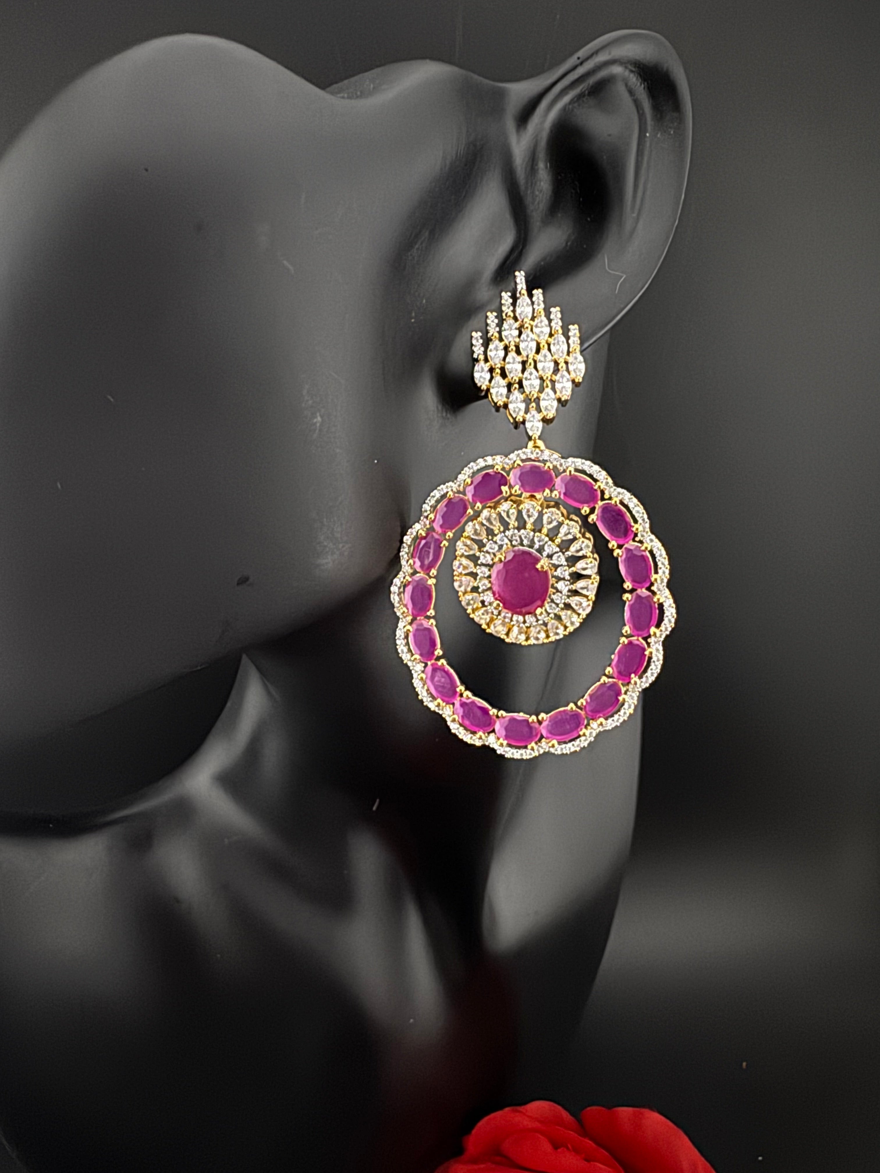 Premium Stones, Cubic Zirconia in gold color is designer Inspired Statement Big Circular Dangle earring/Indian, Bridal, bridesmaid gift