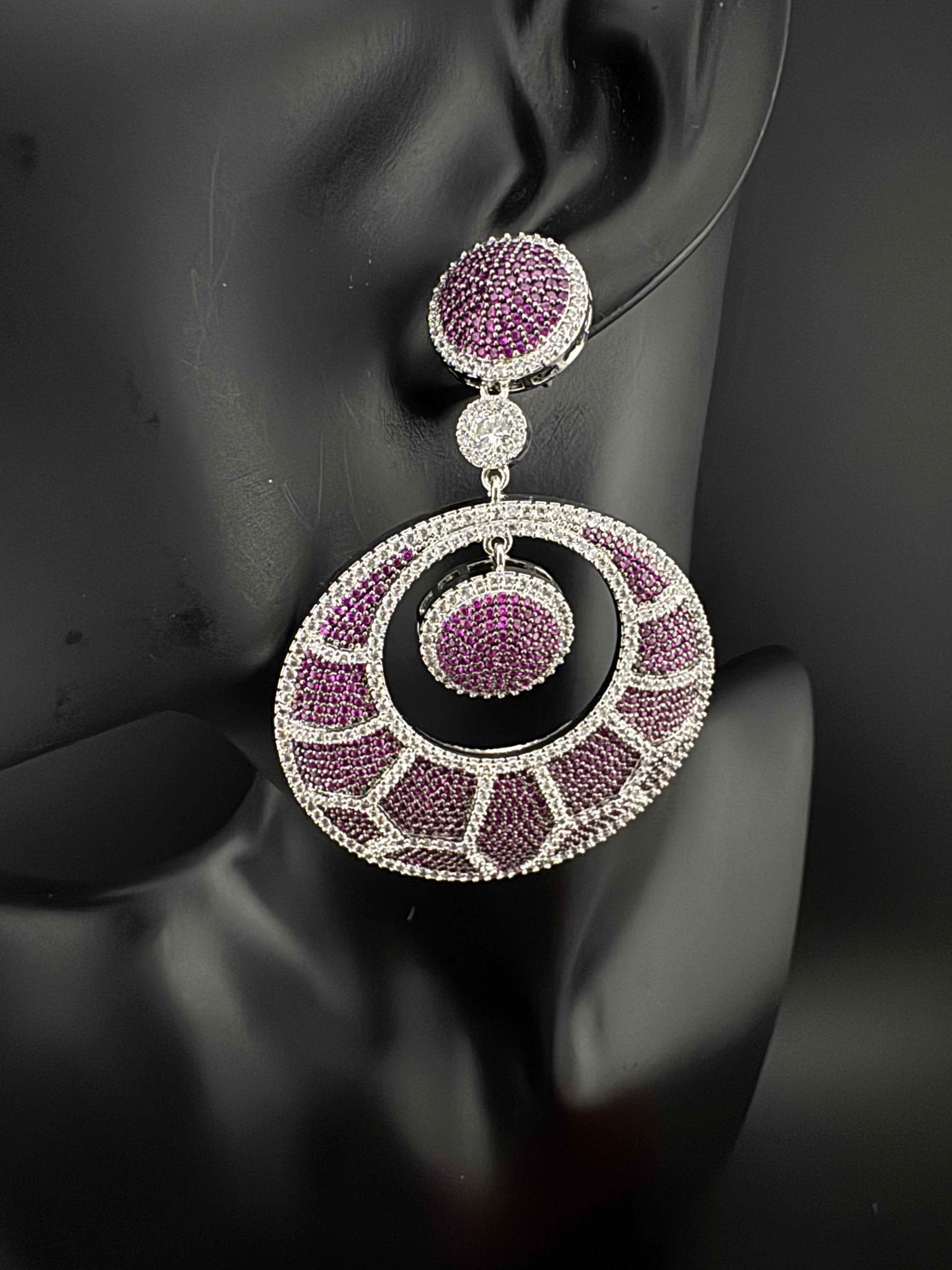 Premium Nano Setting of Cubic Zirconia in silver is designer Inspired Statement Oversized Circular Dangle earring/Bridal/bridesmaid gift