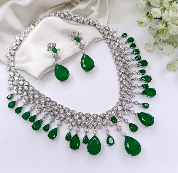 Green Doublet stone, Crystals and CZ Diamond all over Necklace Set, White Gold Plated