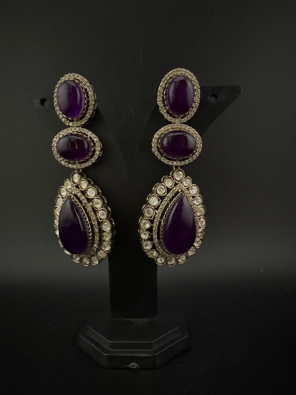 Purple and Gold Kundan, Doublet Stone Chandelier Long Earrings, Bridal, Moissanite, CZ, Designer jewelry