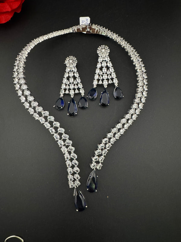 Crystals and CZ Diamond Statement front openable Hasli Necklace Set, Silver Plated Collar set