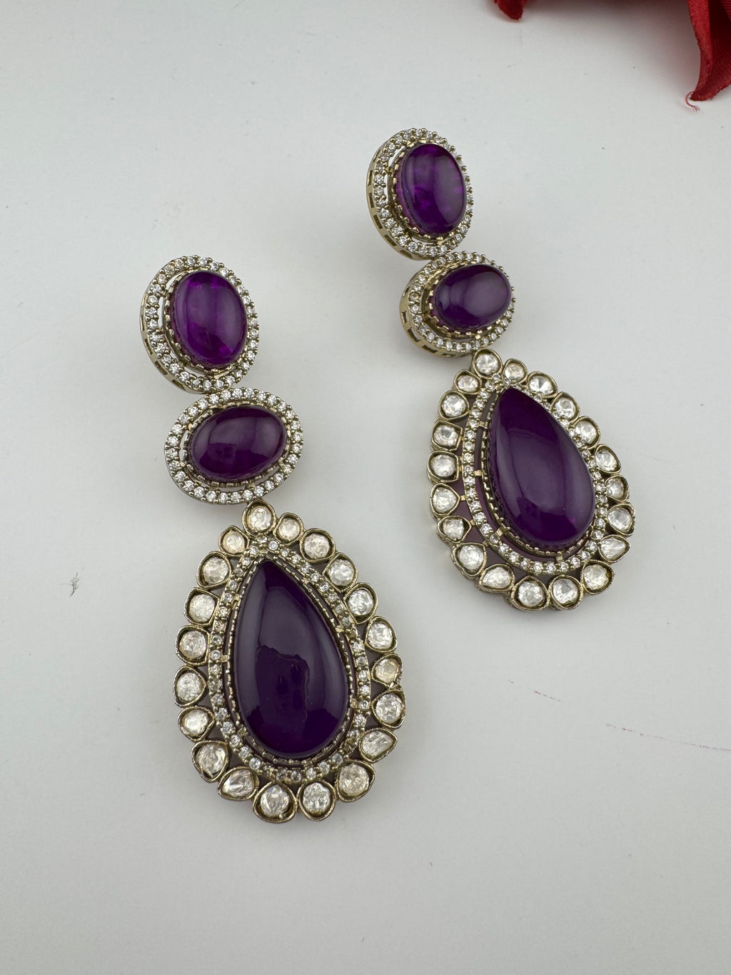 Purple and Gold Kundan, Doublet Stone Chandelier Long Earrings, Bridal, Moissanite, CZ, Designer jewelry