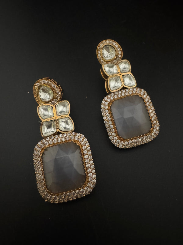 Gray and Gold Kundan, Stone Chandelier Drop Earrings, Bridal, Moissanite, CZ, Designer jewelry
