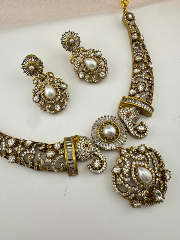 Kundan, CZ, Pearl Gold Plated necklace set, Indian Bridal Jewelry set