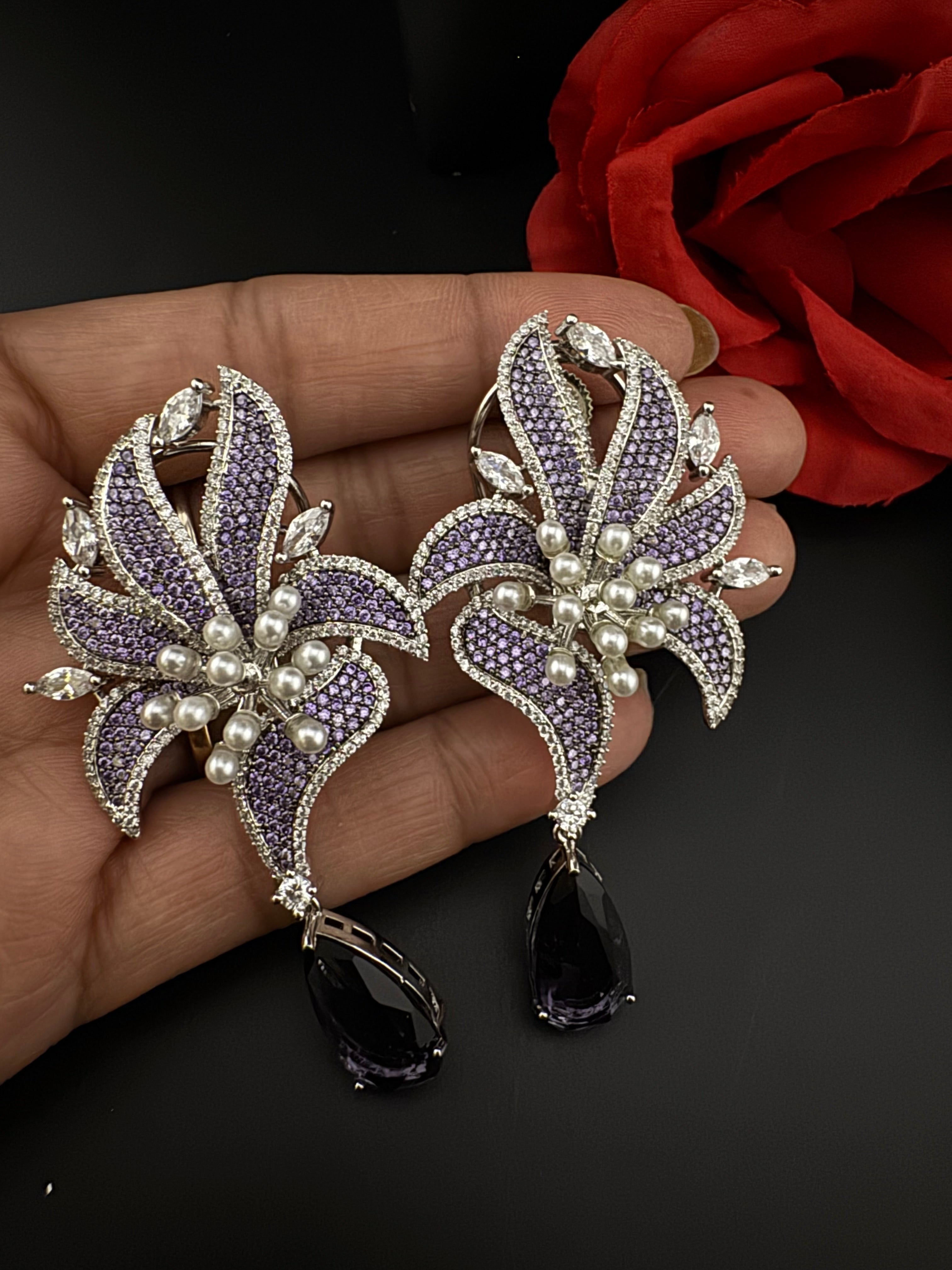 Premium Nano Setting Cubic Zirconia Pearl Oversized Studs earrings in leaf shape, stylish, designer Statement Big earring/Bridal Bridesmaid