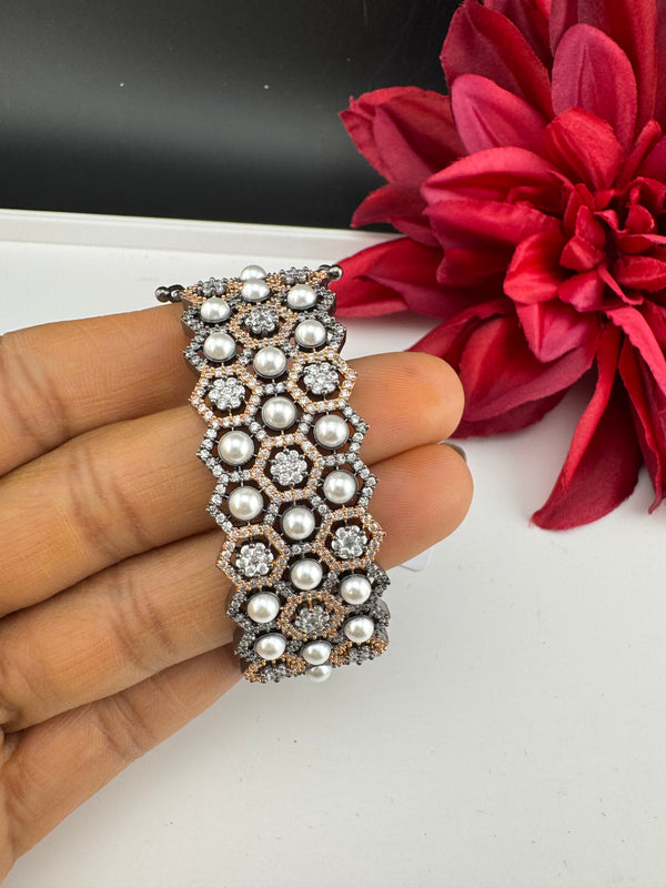Openable Designer bracelet with Pearls, crystal stones, CZ Nano setting, Fits size upto 2.6"