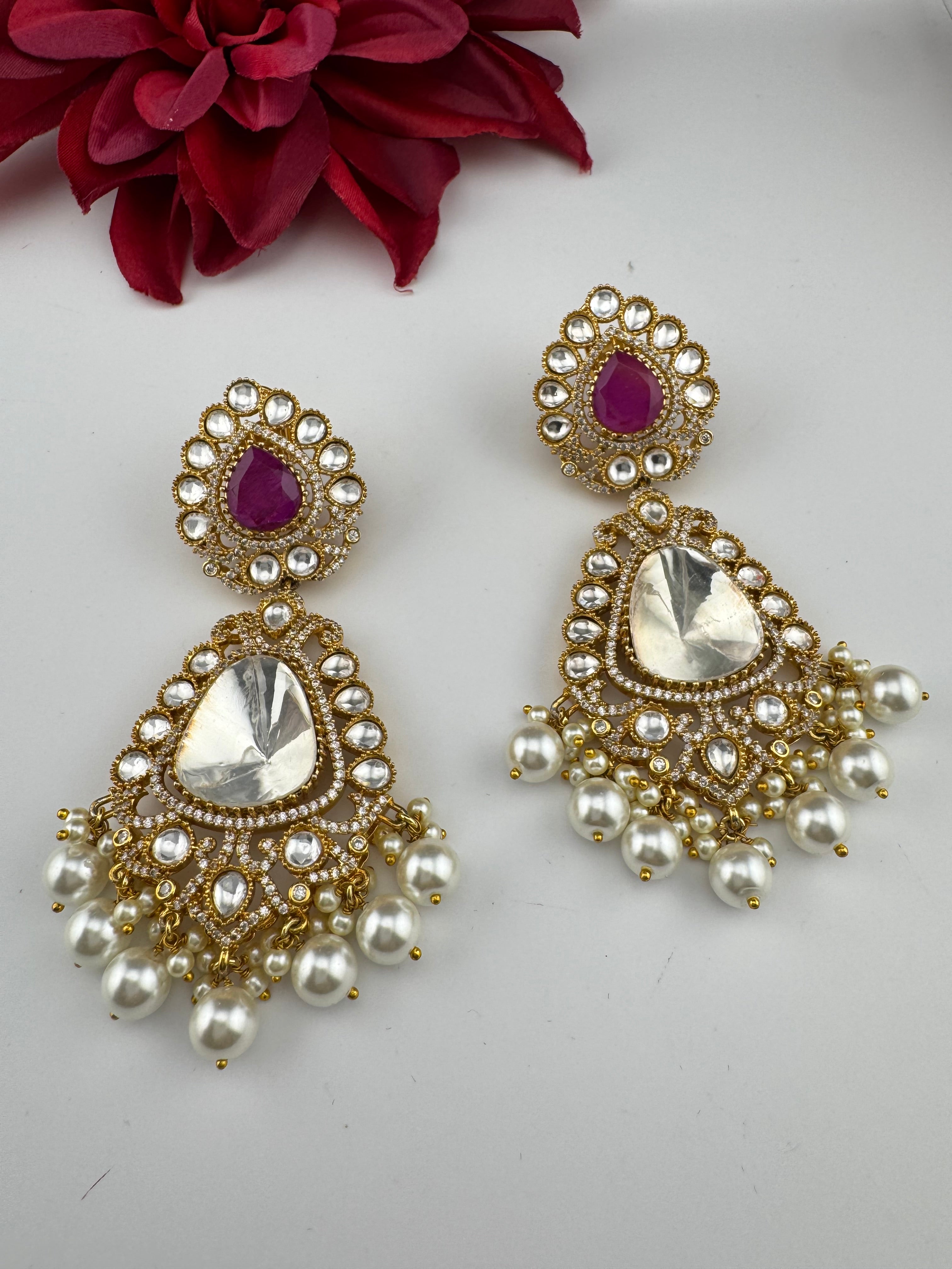 Purple and Gold Kundan, Pearls Chandelier Long Earrings, Bridal, Moissanite, CZ, Designer jewelry