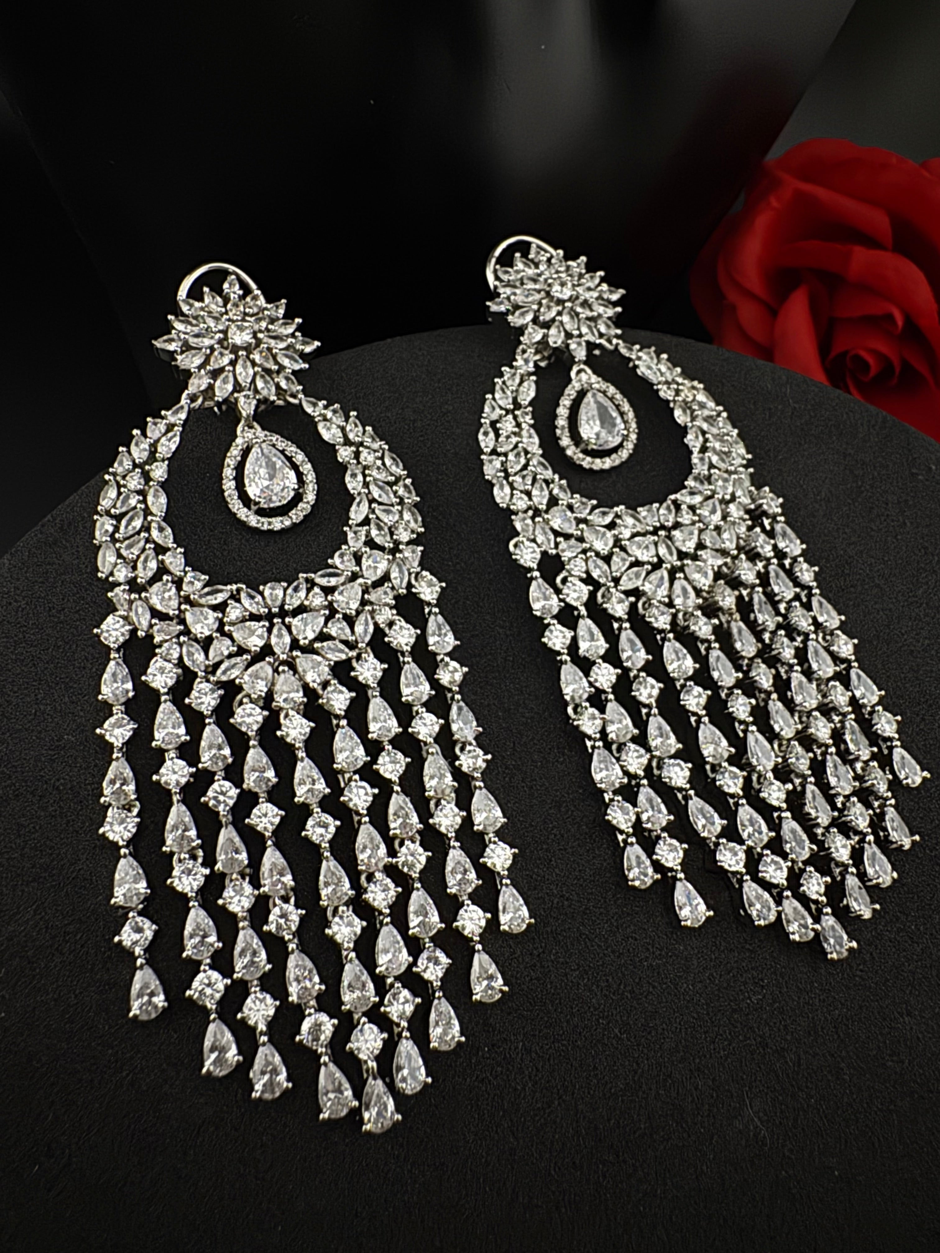 Premium Cubic Zirconia Chandelier Oversized earrings is designer Inspired, Statement Long earring, Bridal, Party, Wedding jewelry,