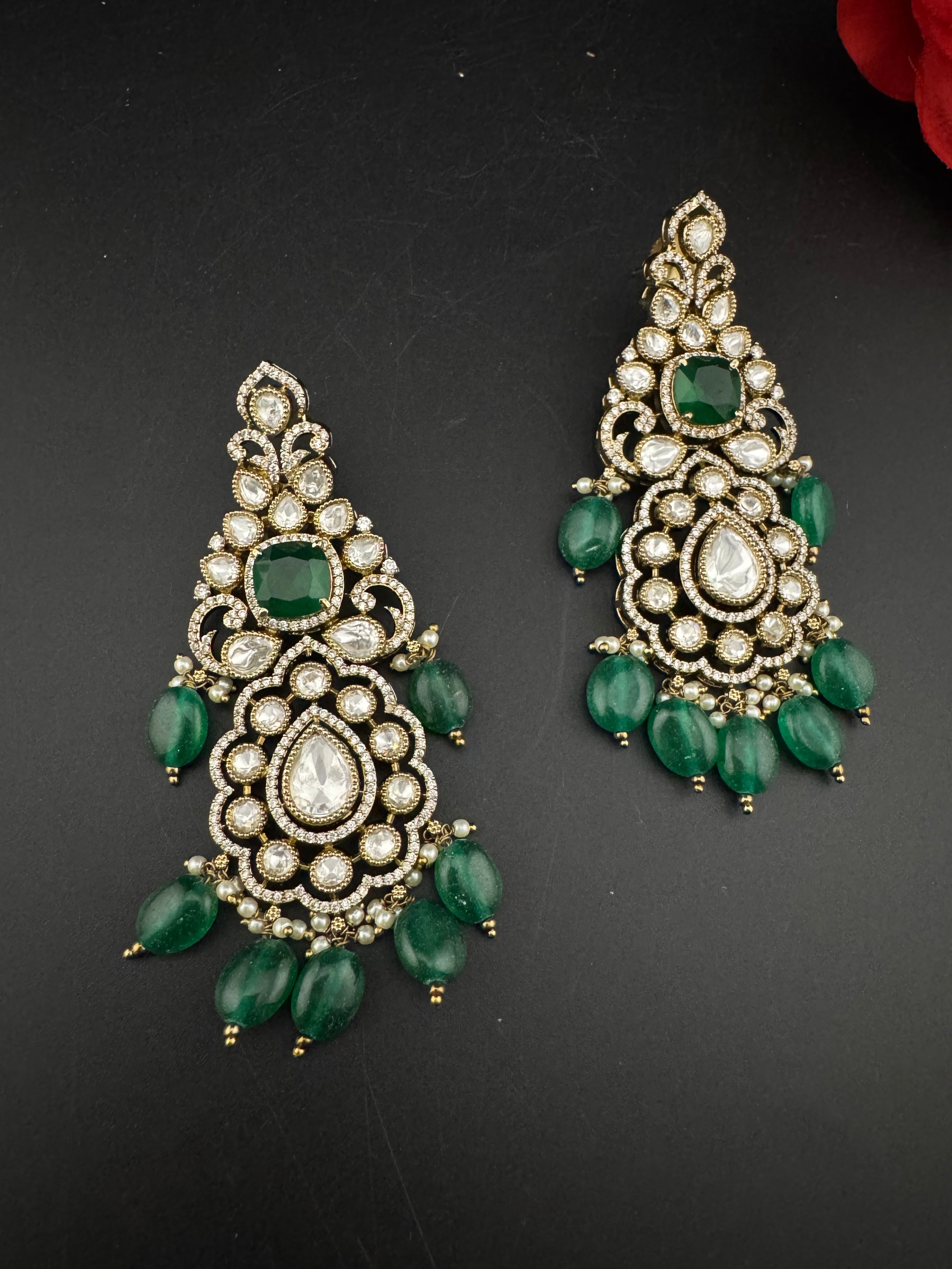 Green and Gold Kundan, Pearls Chandelier Long Earrings, Bridal, Moissanite, CZ, Designer jewelry