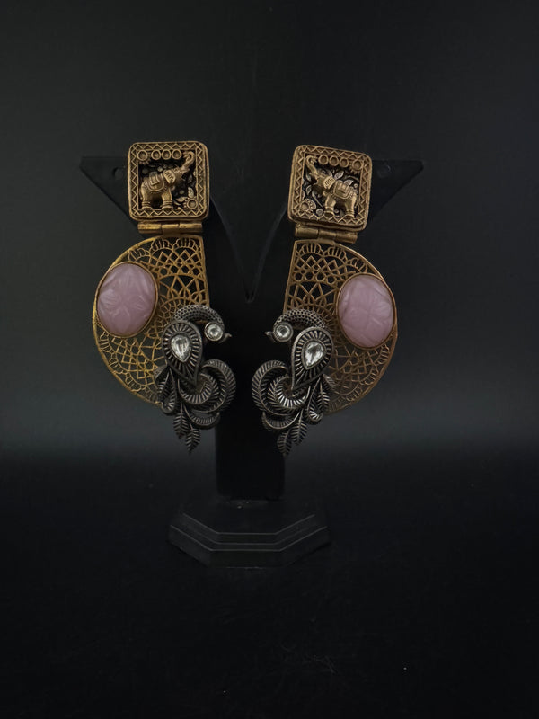 Antique Gold, Oxidized, Carved Stones Chandbali Dangle Earrings, Amrapali inspired Designer jewelry
