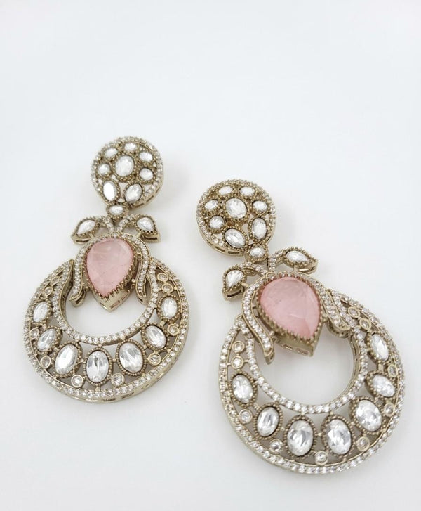 Gold with Doublet stone, kundan, cubic zirconia chandbali Drop Long earrings, Indian Jewelry