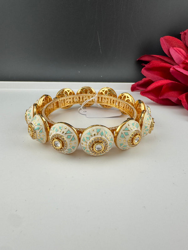 Moissanite Kundan, Enamel, CZ Rajwadi Pacheli Bracelet Bangle Kada, Gold Polish(fits 2.6" wrists)