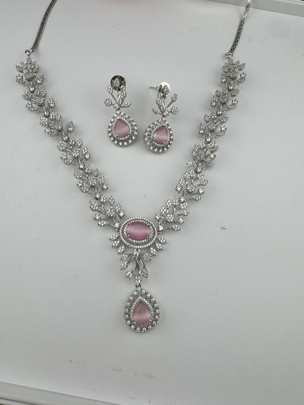 Crystal, Nano Setting CZ Diamond Statement Necklace Set, White Gold Plated Choker, nature inspired
