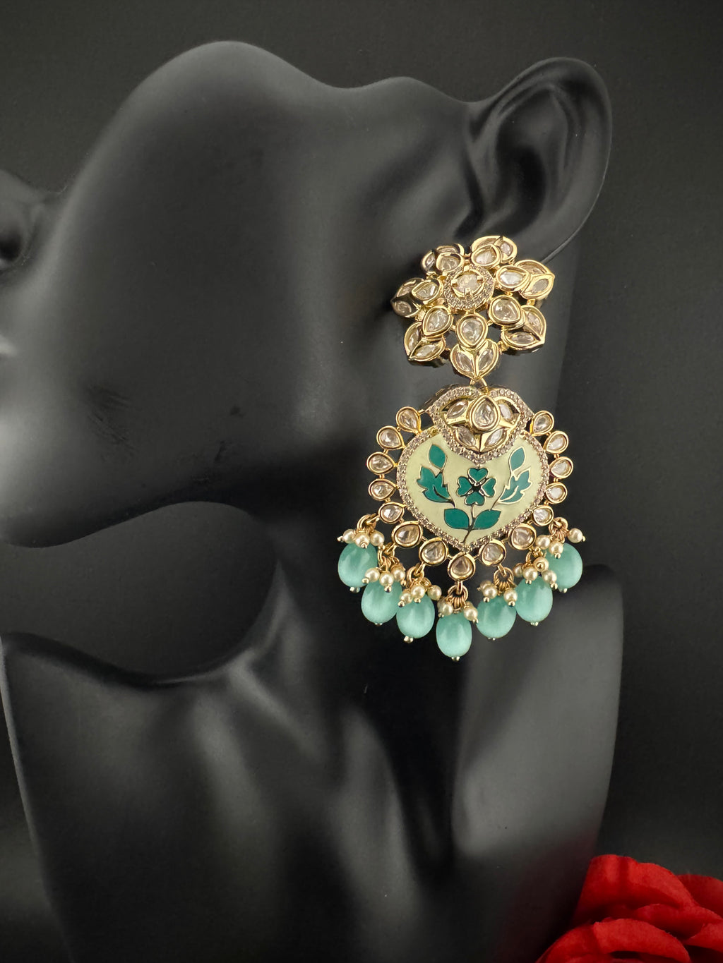 Enamel and Gold Kundan Chandelier Long Earrings, High shine Bridal Moissanite CZ, Designer Earrings