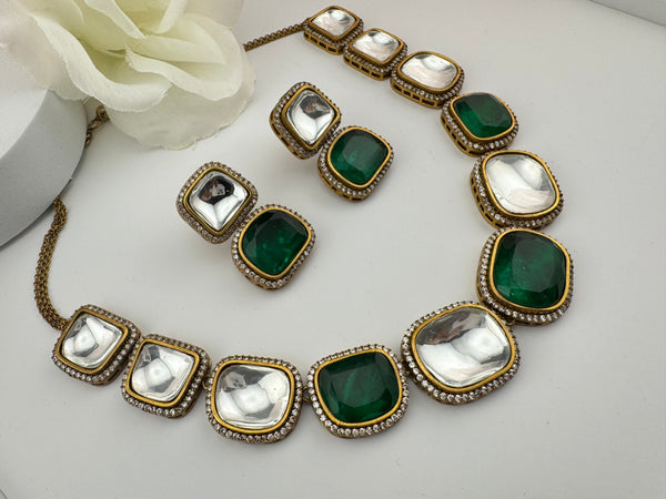 Kundan, Stones, CZ Gold Plated Green necklace set, Indian Bridal Jewelry set