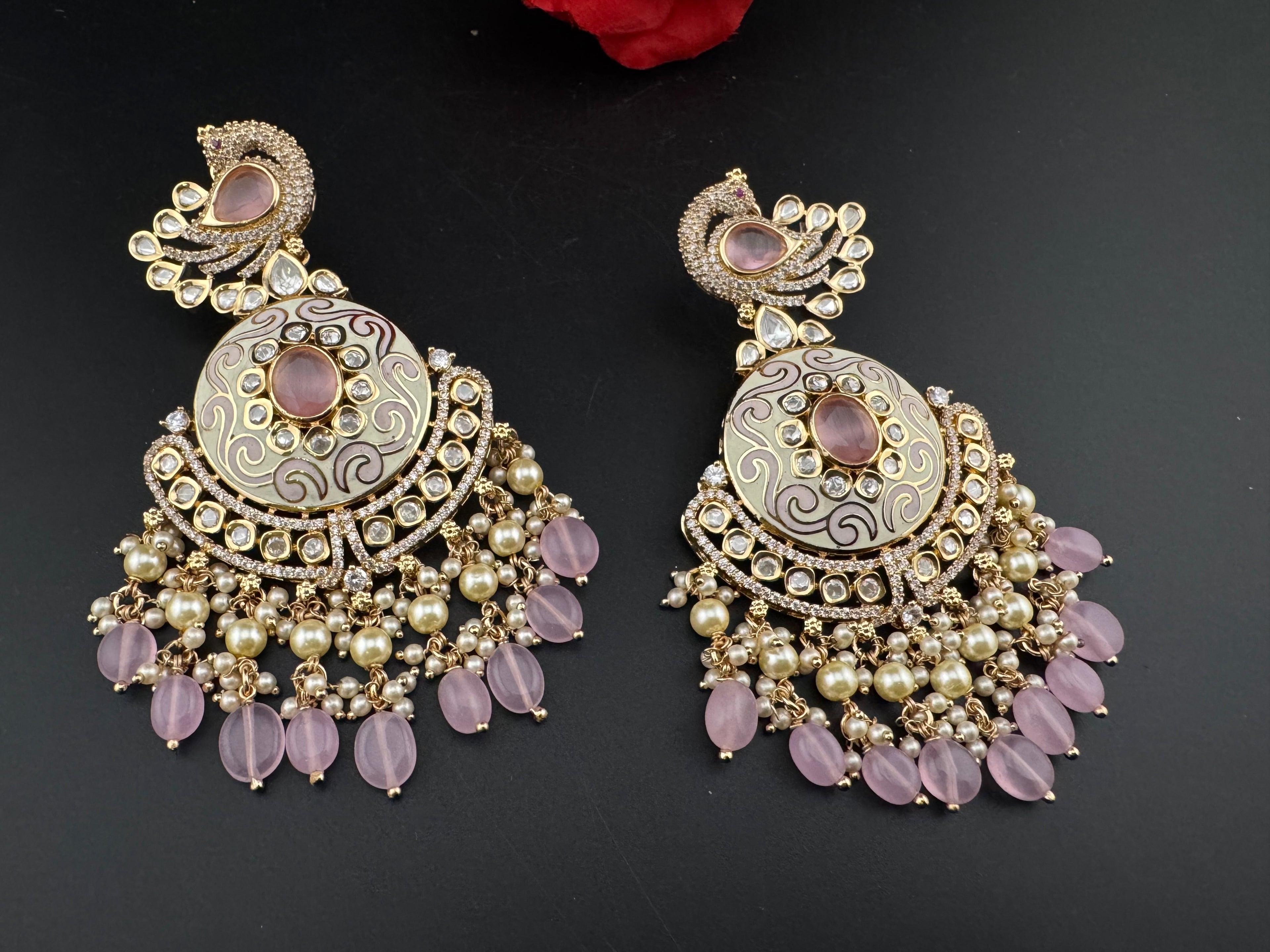 Enamel and Gold Kundan Chandelier Long Earrings, High shine Bridal Moissanite CZ, Designer Earrings